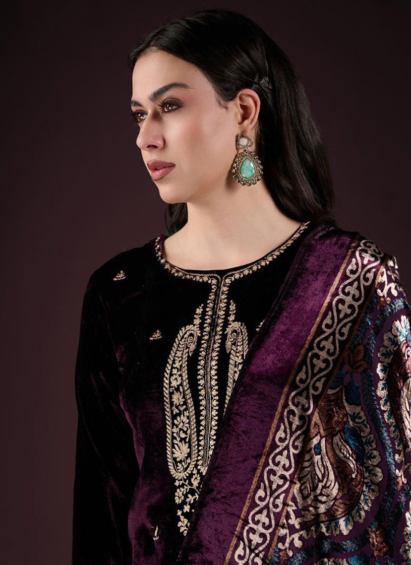 Party Wear Purple Velvet Unstitched Salwar Suit Material with Embroidery