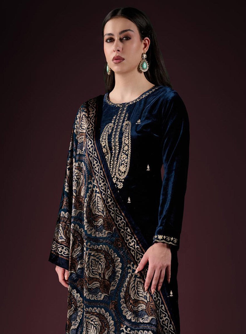 Party Wear Blue Velvet Unstitched Salwar Suit Material with Embroidery
