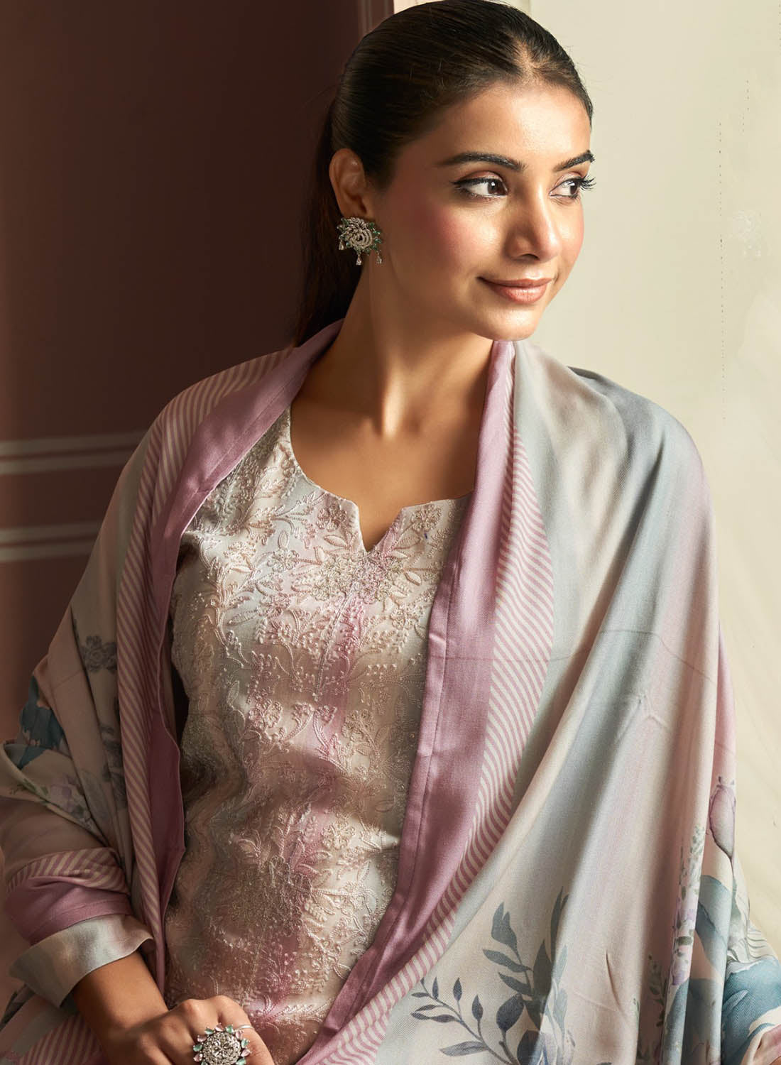 Fancy Viscose Muslin Unstitched Salwar Suit Material with Embroidery