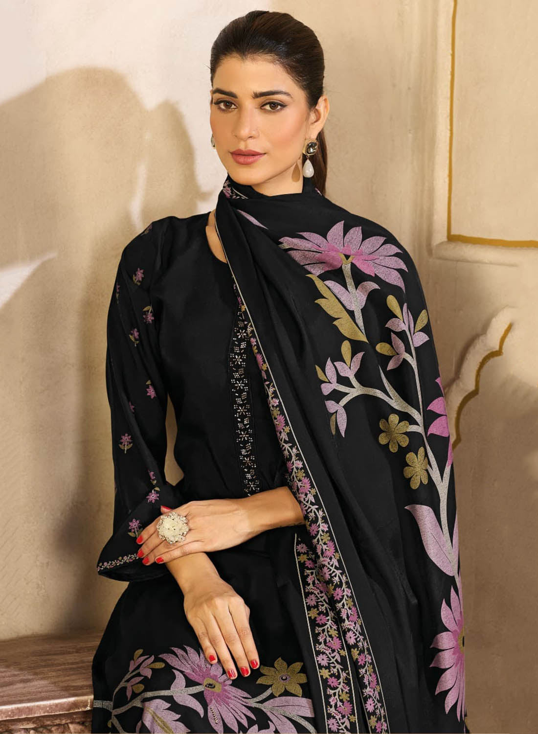 Black Party Wear Muslin Silk Unstitched Salwar Suit Dress Material