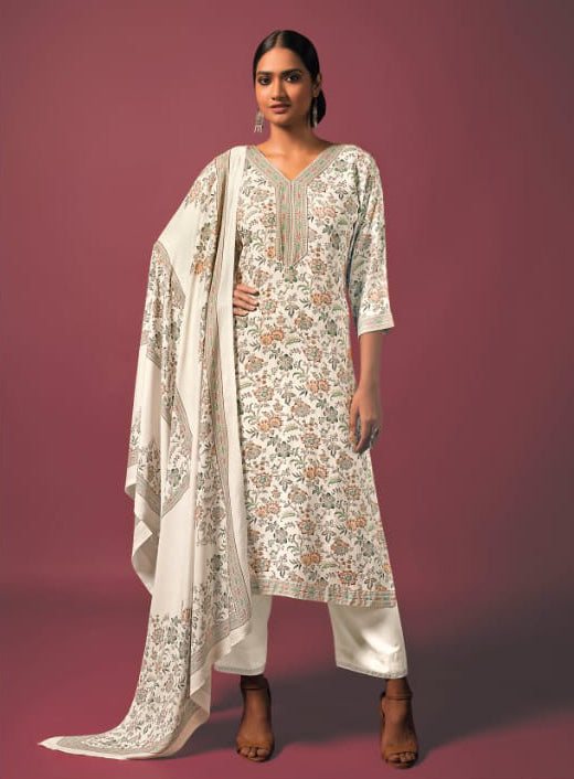 Pashmina Off-White Printed Unstitched Winter Salwar Suit Material