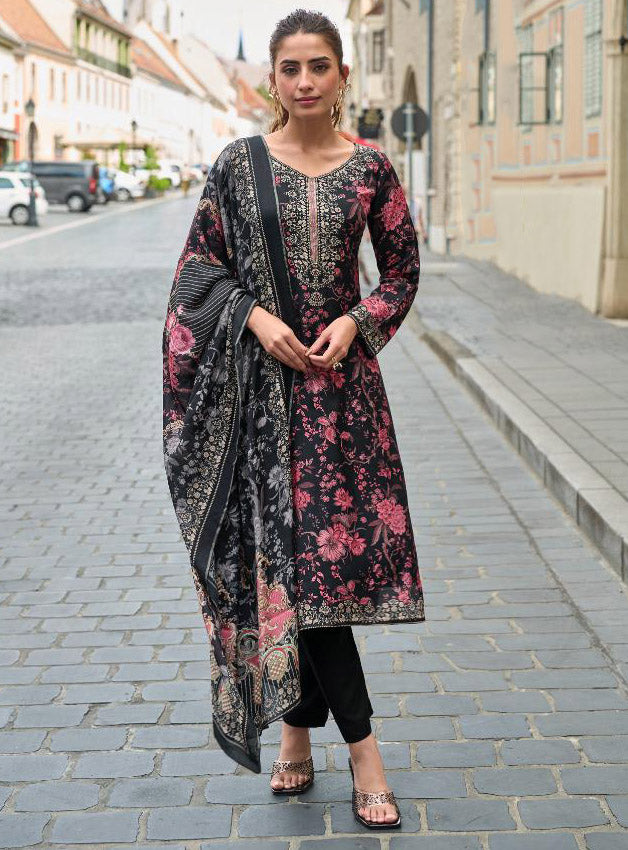 Pure Muslin Black Party Wear Unstitched Salwar Suit Material for Women