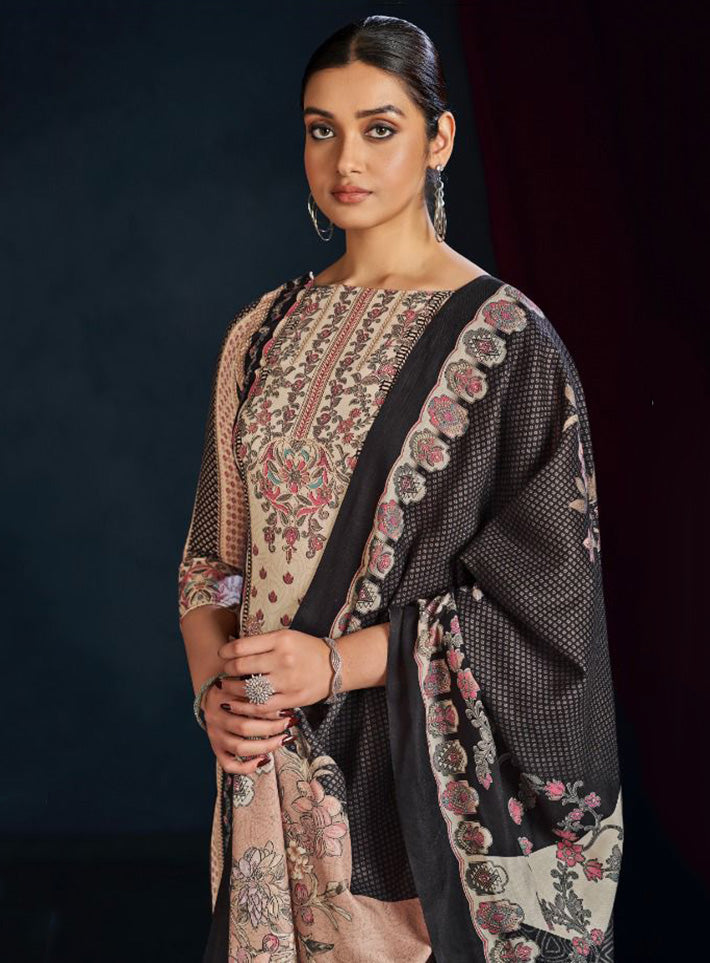 Black Unstitched Pashmina Winter Suit Dress Material with Shawl Dupatta