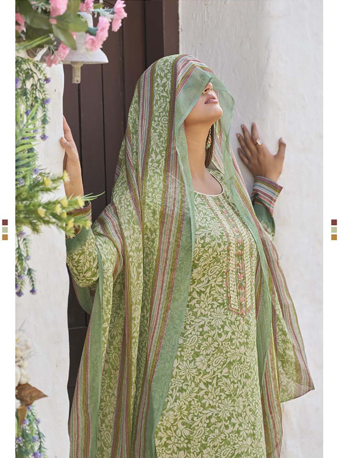 Aqsa Unstitched Cotton Suit Fabric Material with Dupatta Green