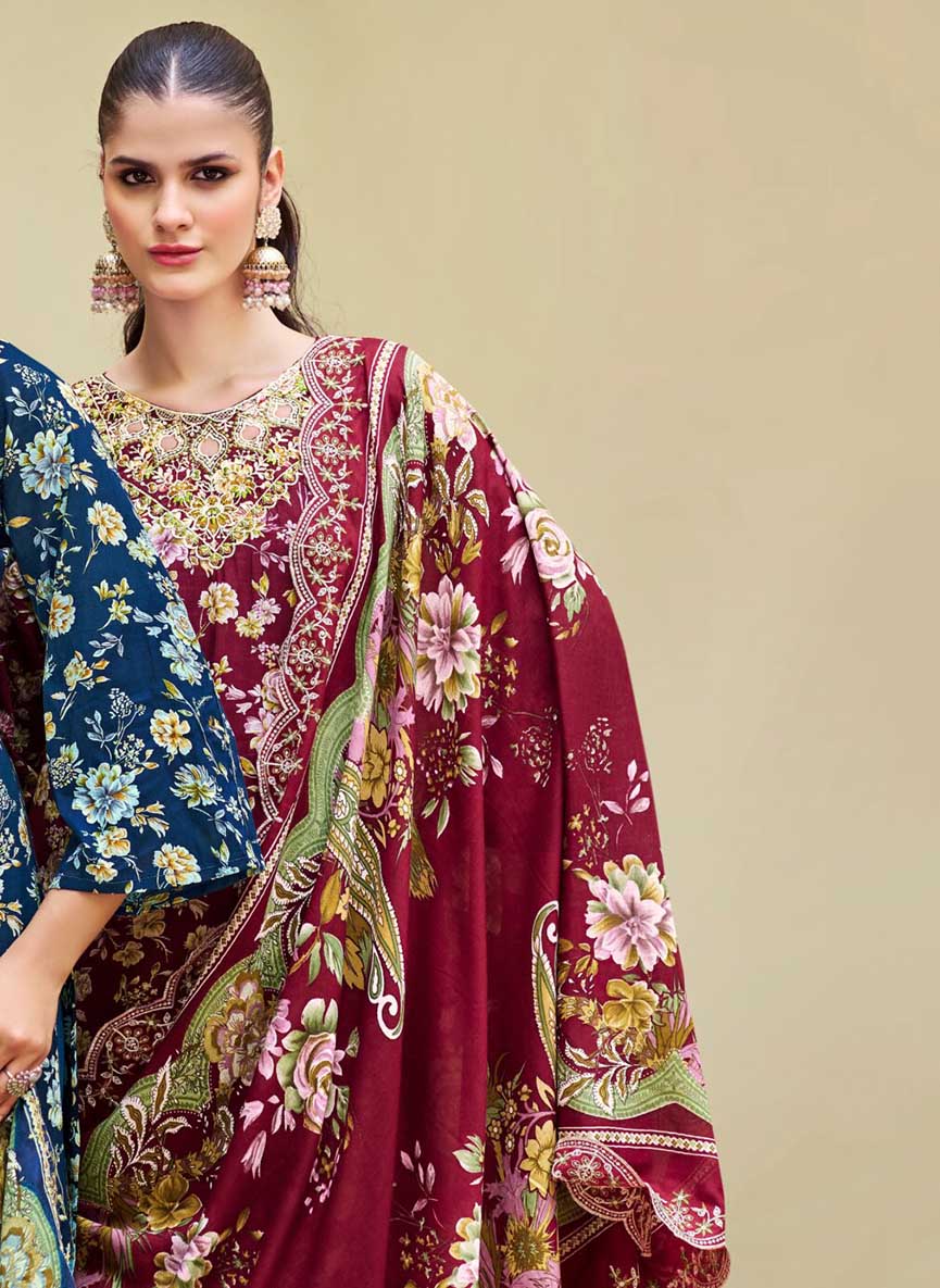 Pakistani Print Pure Cotton Maroon Unstitched Suit Material with Embroidery