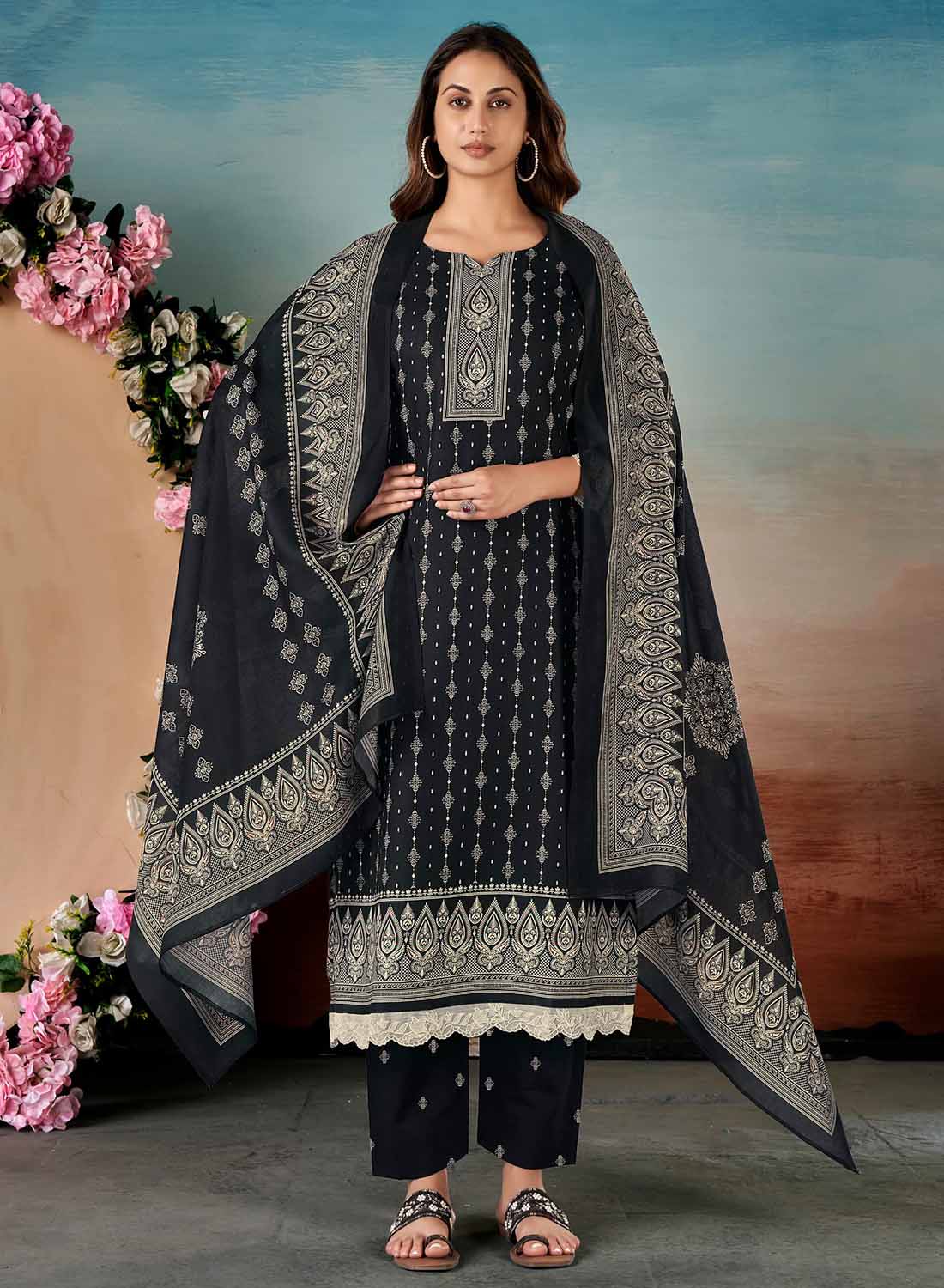 Women's Black Unstitched Pashmina Winter Suit Dress Material with Lace Work