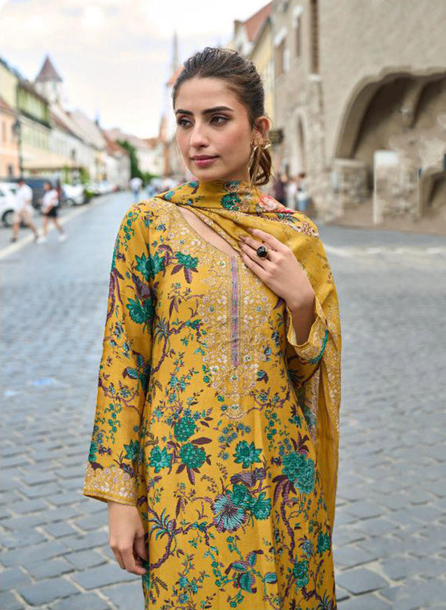 Pure Muslin Mustard Party Wear Unstitched Salwar Suit Material for Women