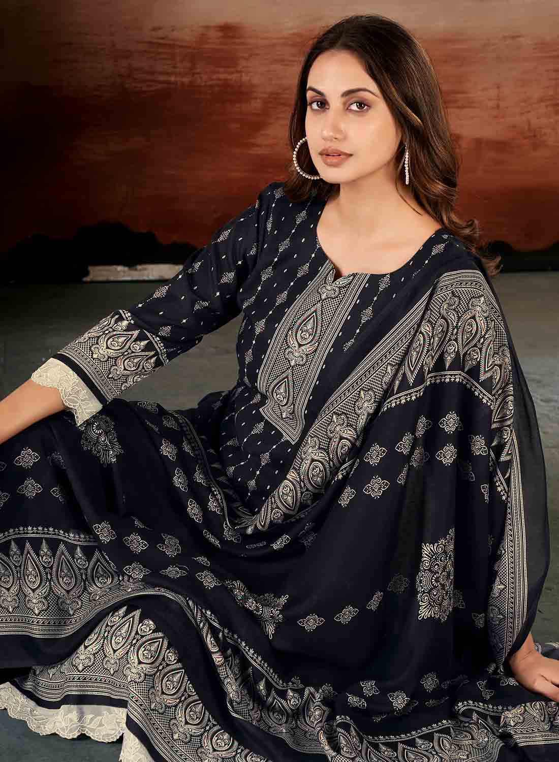 Women's Black Unstitched Pashmina Winter Suit Dress Material with Lace Work