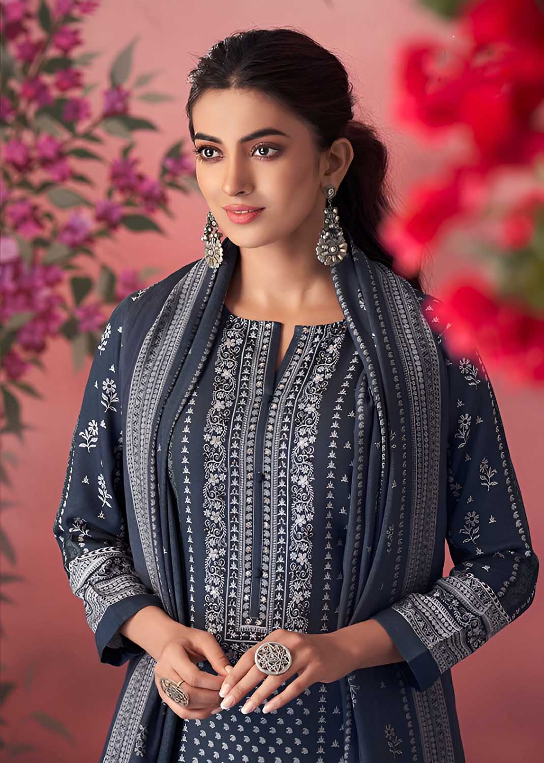 Unstitched Blue Pashmina Winter Suit Material with Muslin Silk Dupatta