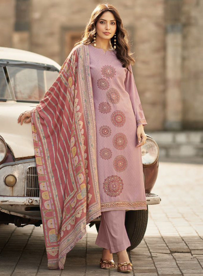 Party Wear Muslin Shimmer Purple Unstitched Suit Material with Hand Work