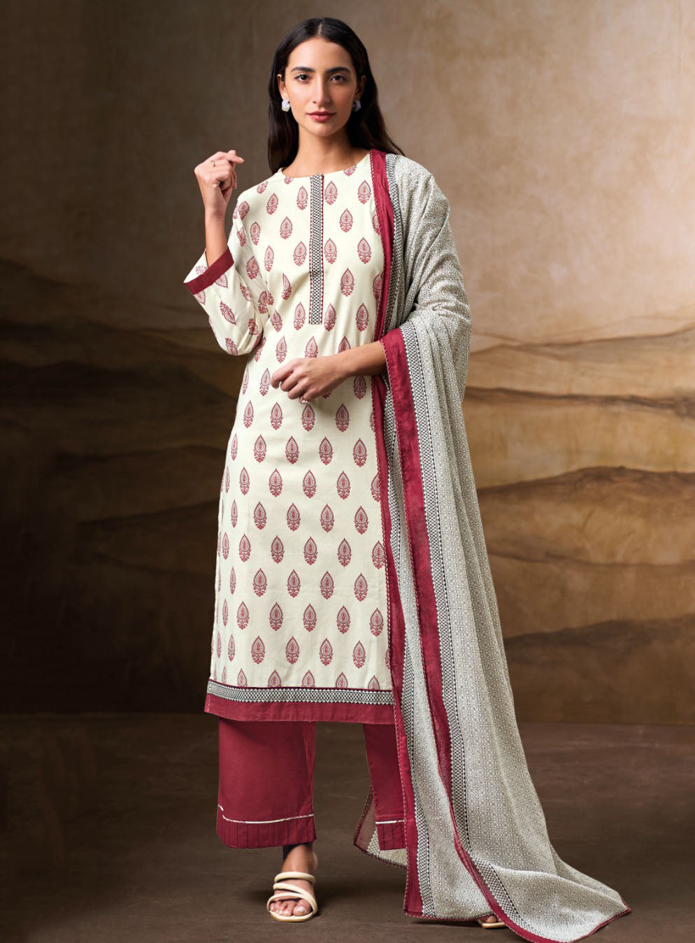 Ganga Pure Cotton Off-White Unstitched Suit Set Dress Material for Women