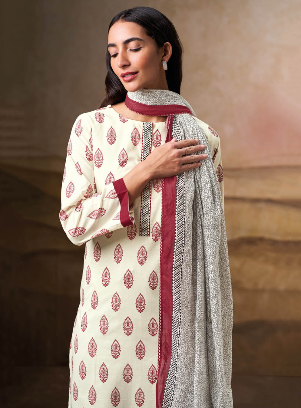 Ganga Pure Cotton Off-White Unstitched Suit Set Dress Material for Women