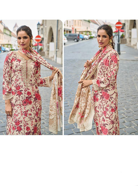 Pure Muslin Beige Party Wear Unstitched Salwar Suit Material for Women