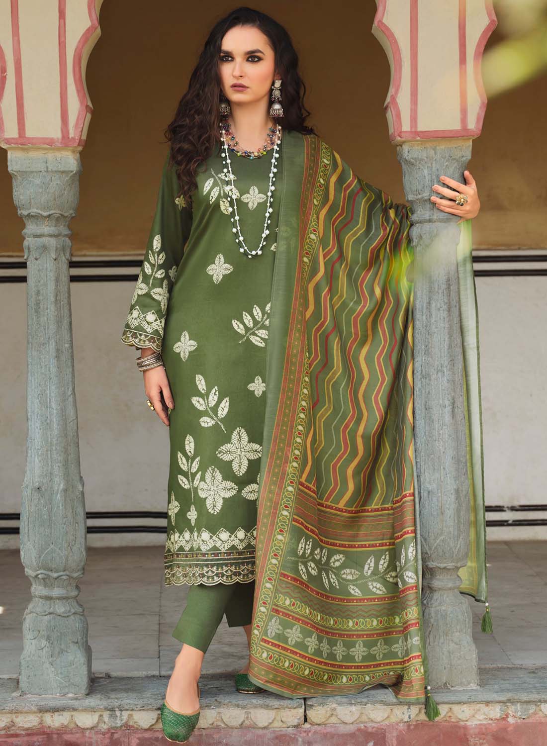 Pure Cotton Green Unstitched Suit Dress Material for Women with Muslin Dupatta