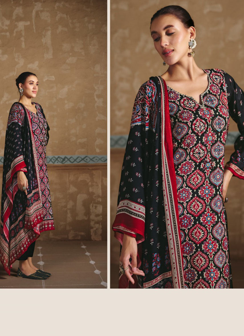 Ajrakh Print Pure Muslin Black Unstitched Suit Dress Material for Women