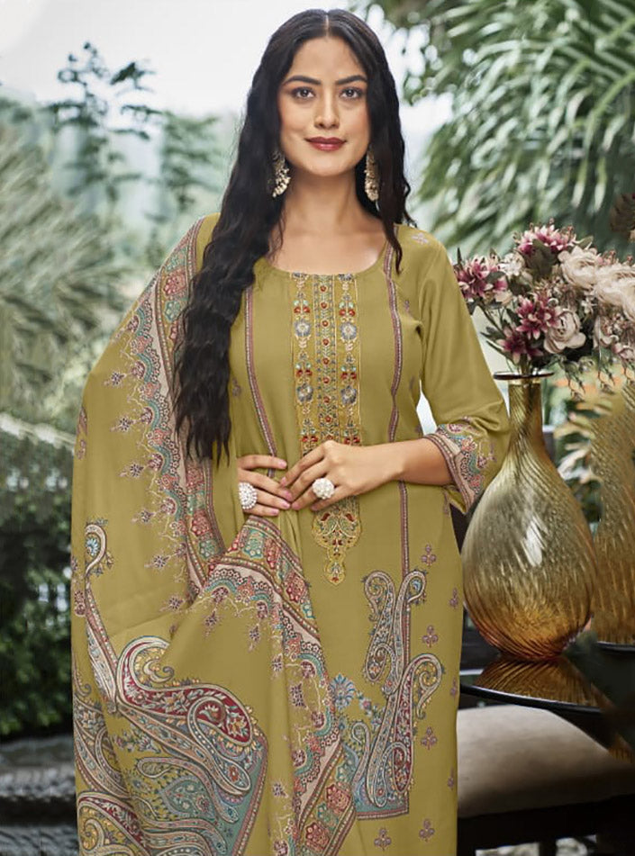 Cotton Satin Green Unstitched Salwar Suit Dress Material for Women