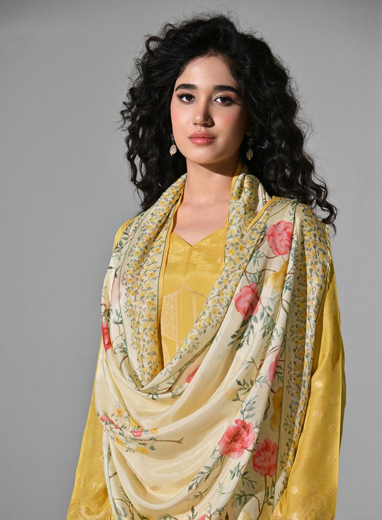 Party Wear Yellow Muslin Jacquard Unstitched Suit Material for Women