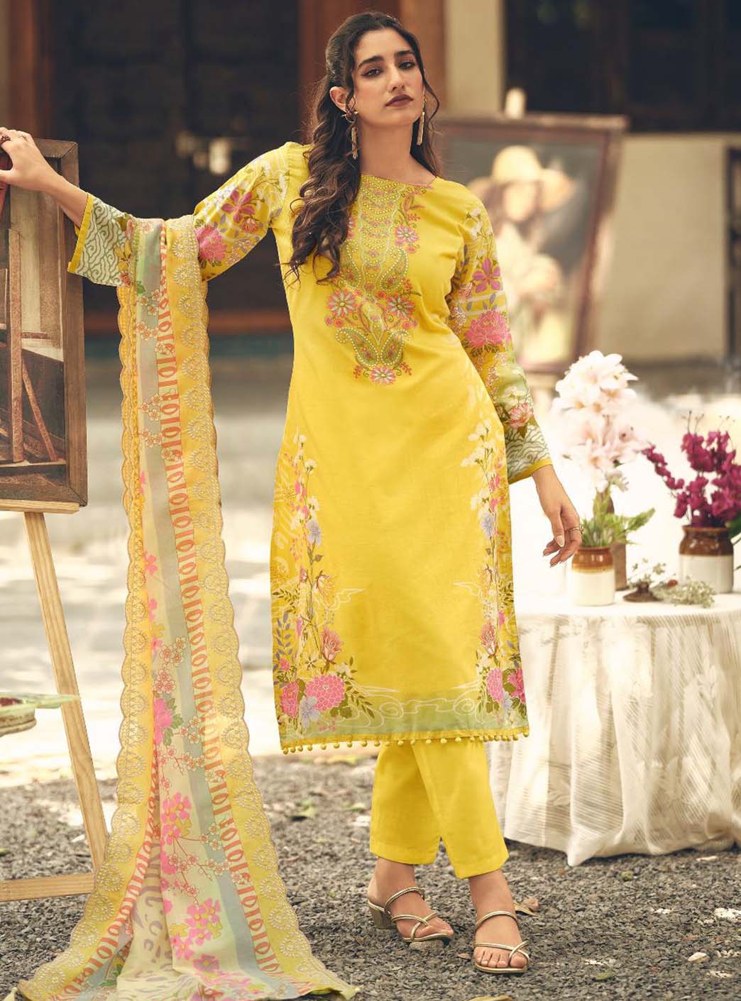 Cambric Cotton Pakistani Print Yellow Unstitched Suit Set with Embroidery