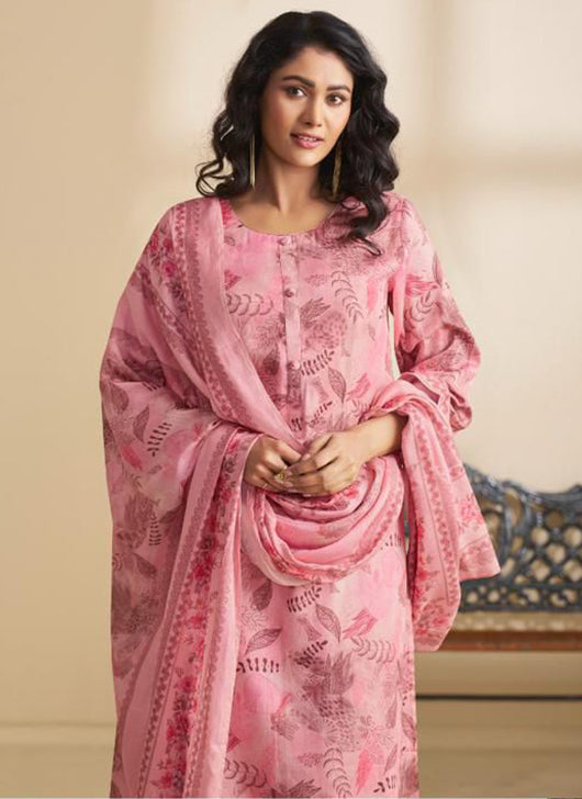 Pink Cotton Satin Unstitched Salwar Suit Material with Muslin Dupatta