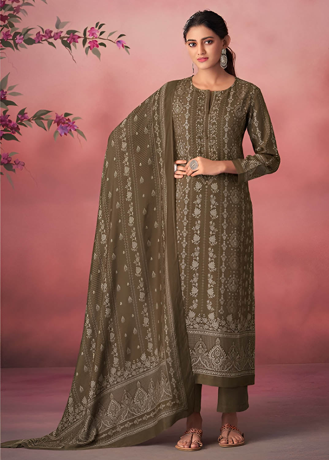 Unstitched Green Pashmina Winter Suit Material with Muslin Silk Dupatta