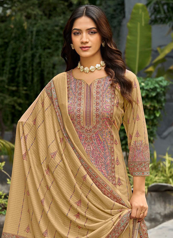 Beige Printed Unstitched Cotton Suit Dress Material for Women