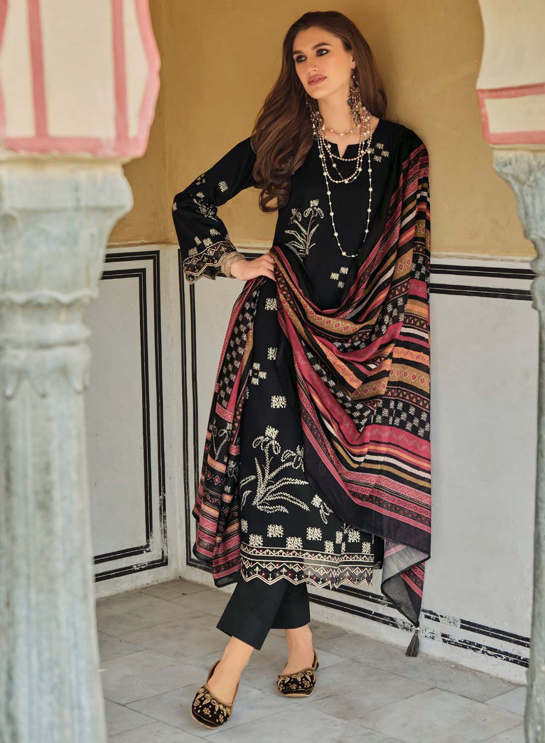 Pure Cotton Black Unstitched Suit Dress Material for Women with Muslin Dupatta