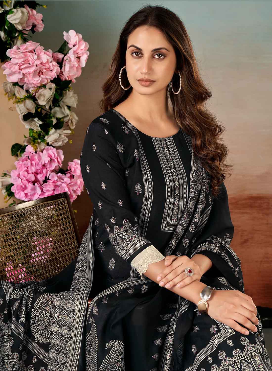 Unstitched Black Pashmina Winter Salwar Suit Material for Women