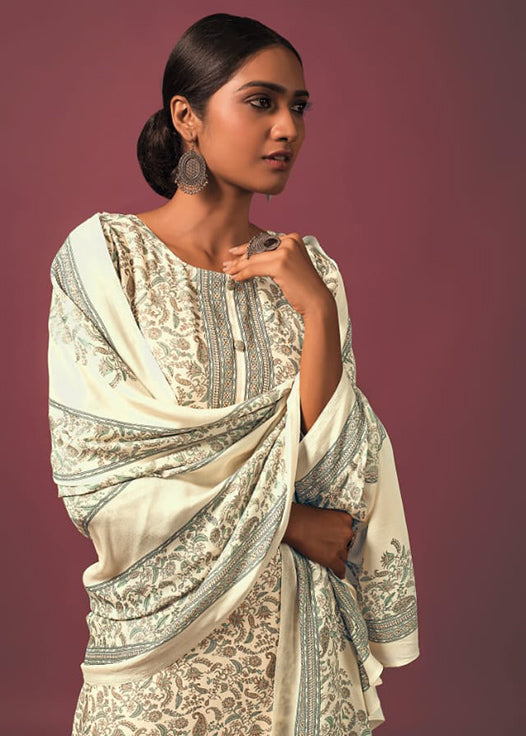 Rivaa Off-White Pashmina Unstitched Winter Suit Dress Material for Women