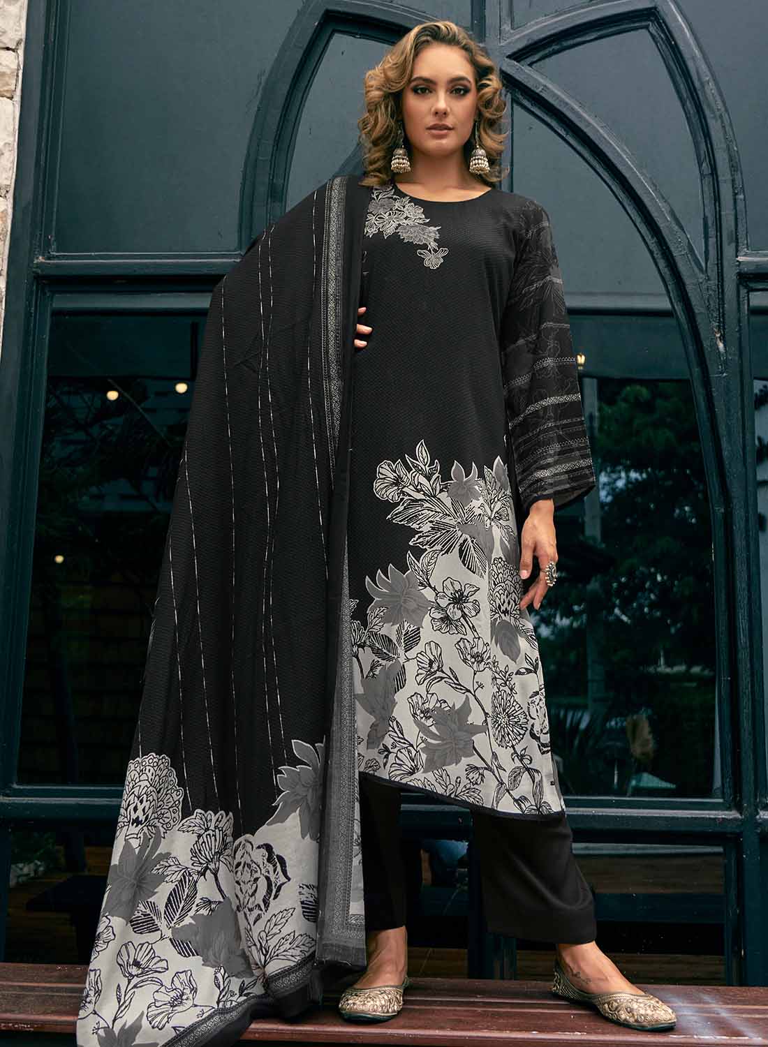 Women's Black Pashmina Unstitched Winter Salwar Suit Dress Material