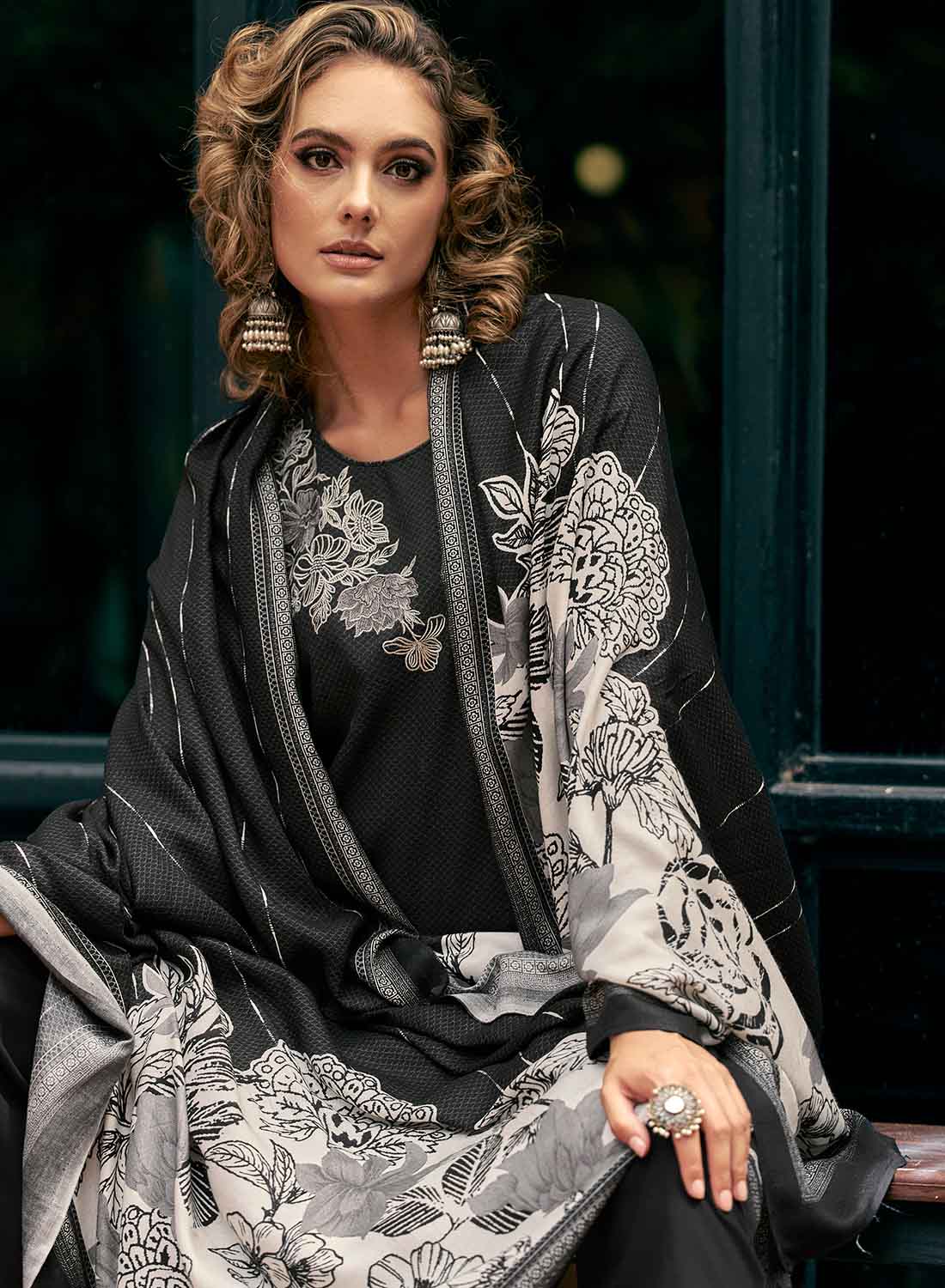 Women's Black Pashmina Unstitched Winter Salwar Suit Dress Material