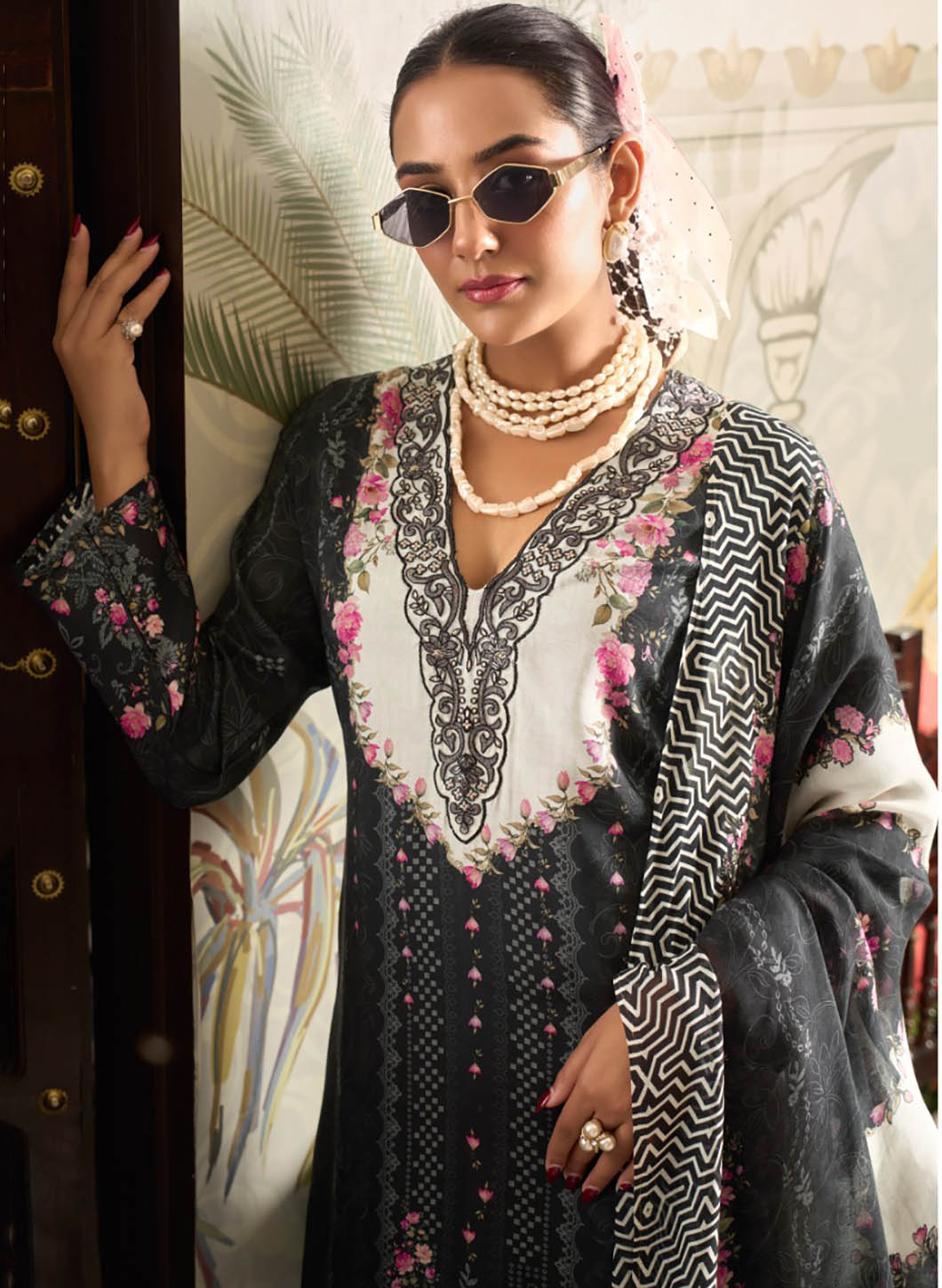 Party Wear Black Muslin Unstitched Suit Dress Material with Dupatta