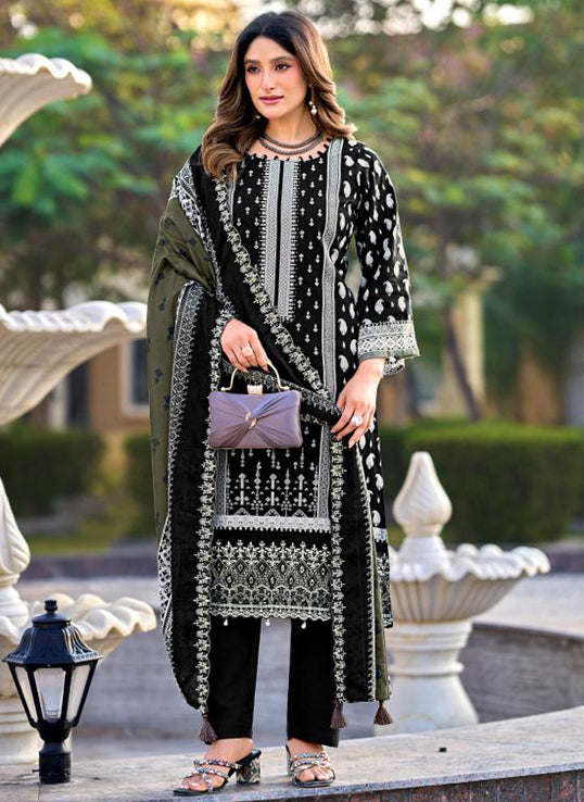 Pakistani Print Black Unstitched Cotton Suit Material with Daman Embroidery