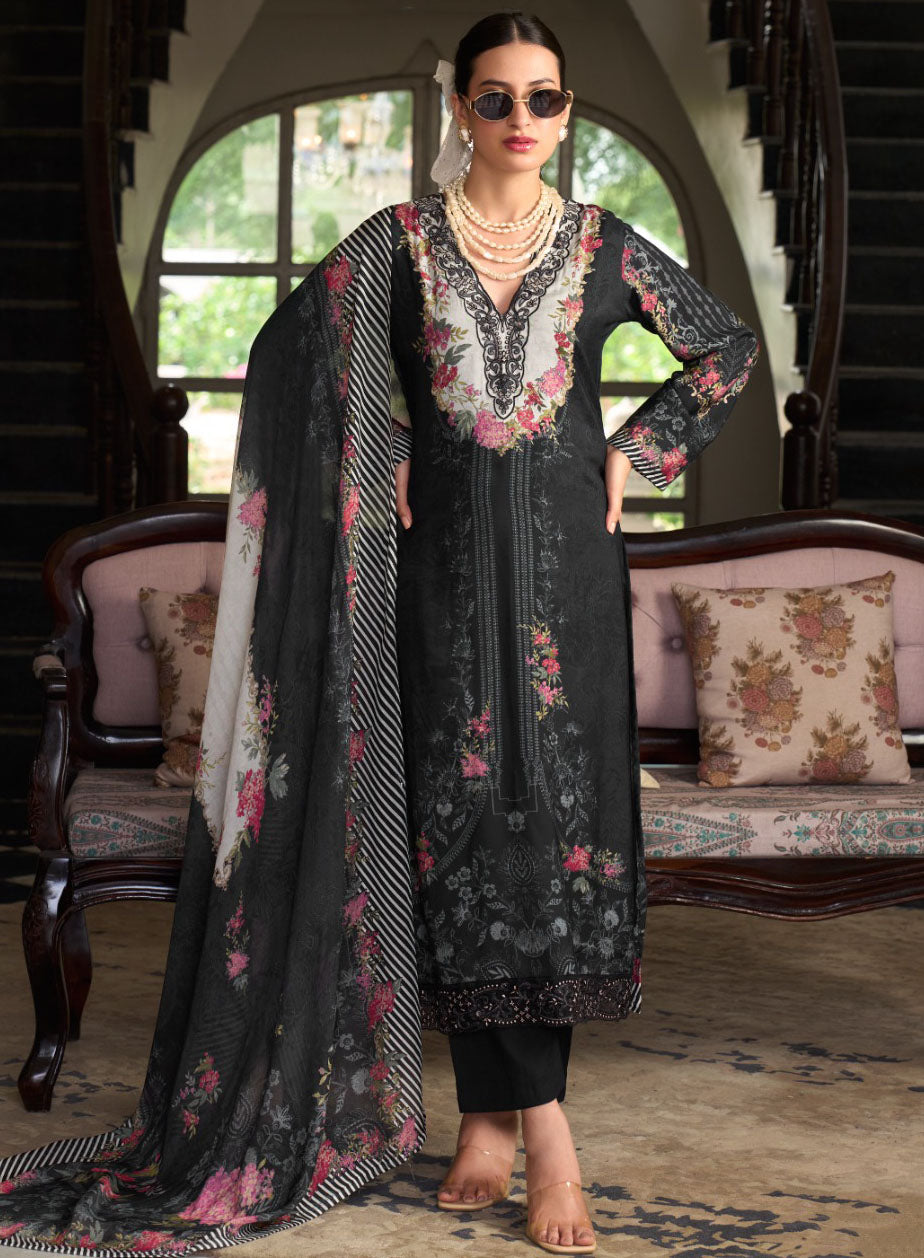 Party Wear Black Muslin Unstitched Suit Material with Dupatta for Women