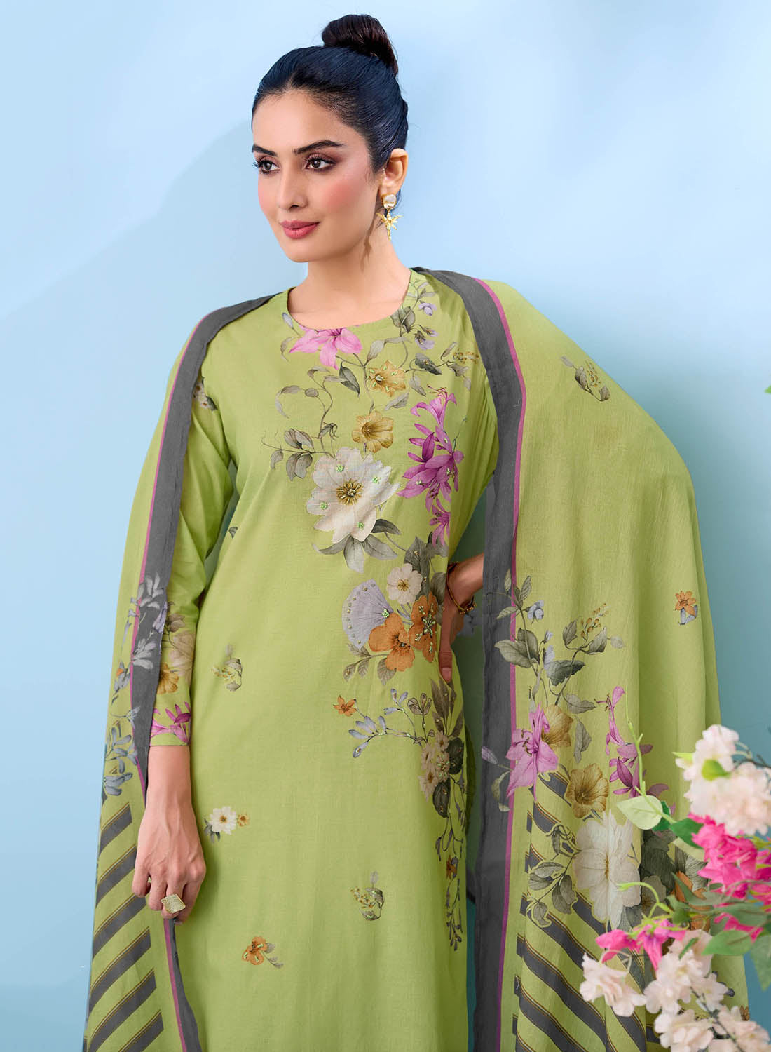 Women Pure Cotton Unstitched Dress Material Green Floral Suit Set