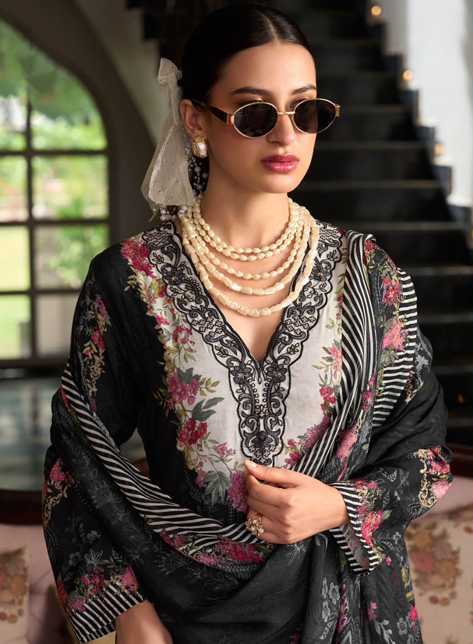 Party Wear Black Muslin Unstitched Suit Material with Dupatta for Women