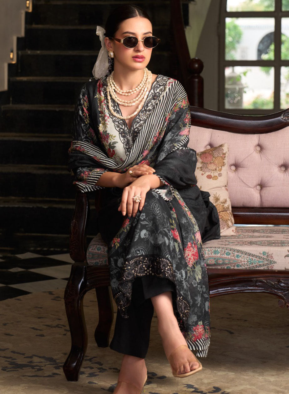 Party Wear Black Muslin Unstitched Suit Material with Dupatta for Women