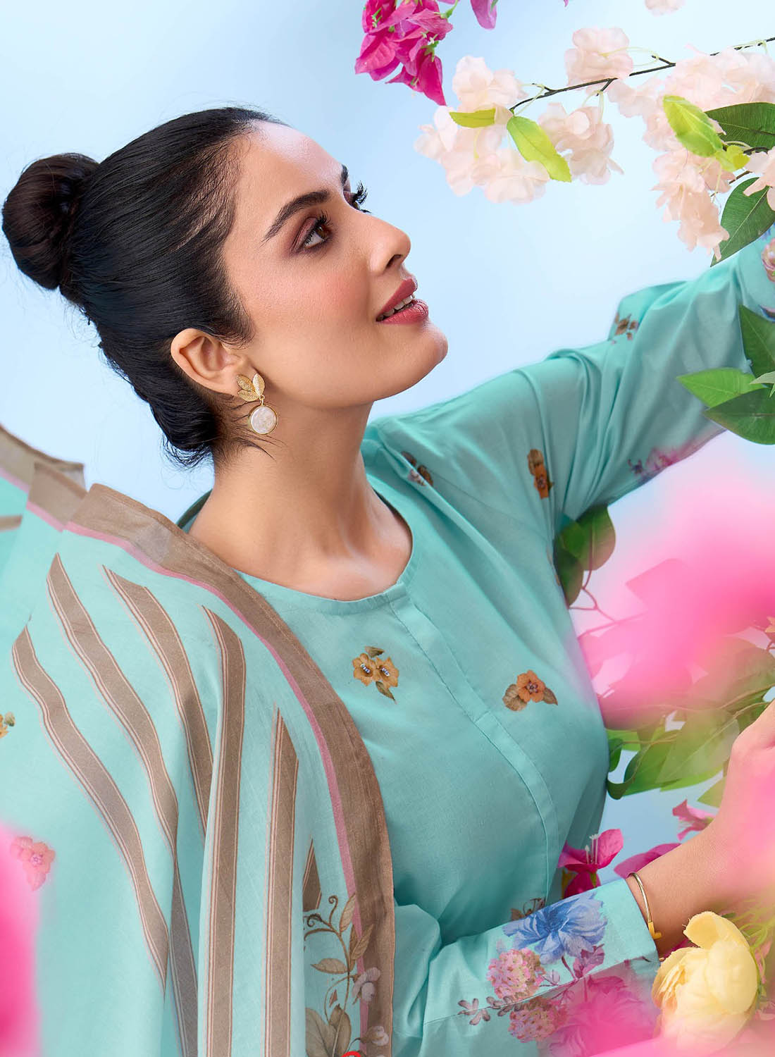 Blue Pure Cotton Unstitched Dress Material Suit Set for Women
