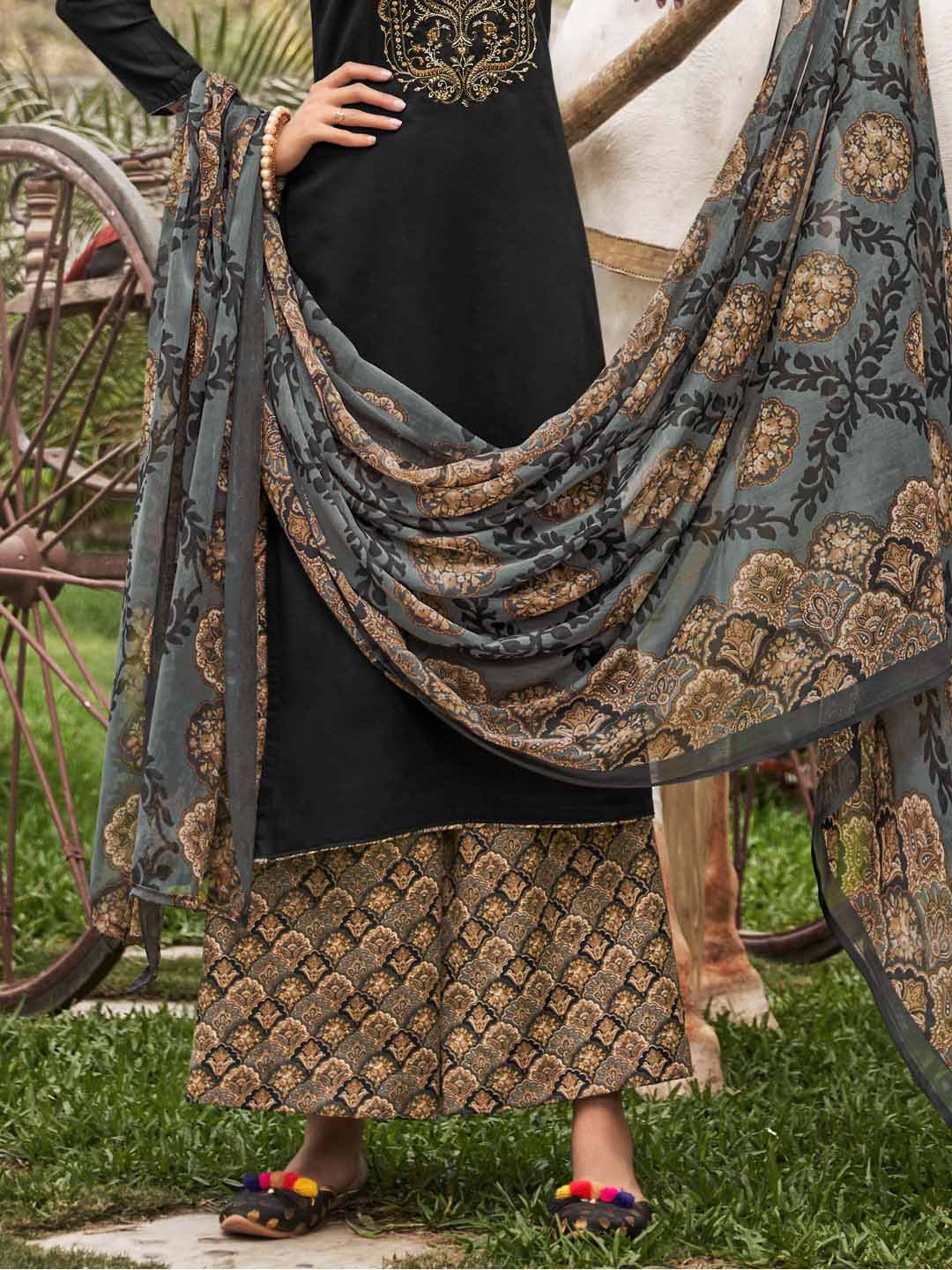 Unstitched Cotton Salwar Suit Black Dress Material with Embroidery