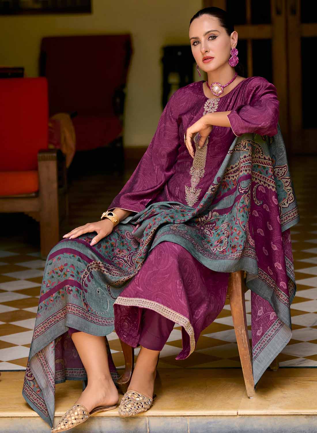 Pink Party Wear Pure Muslin Unstitched Suit Material for Women