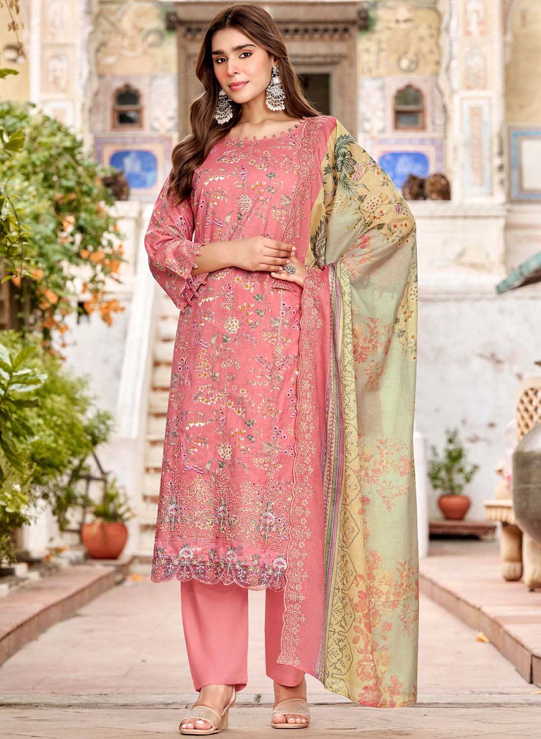 Pure Cotton Pakistani Unstitched Suit Material with Chikankari Embroidery Pink