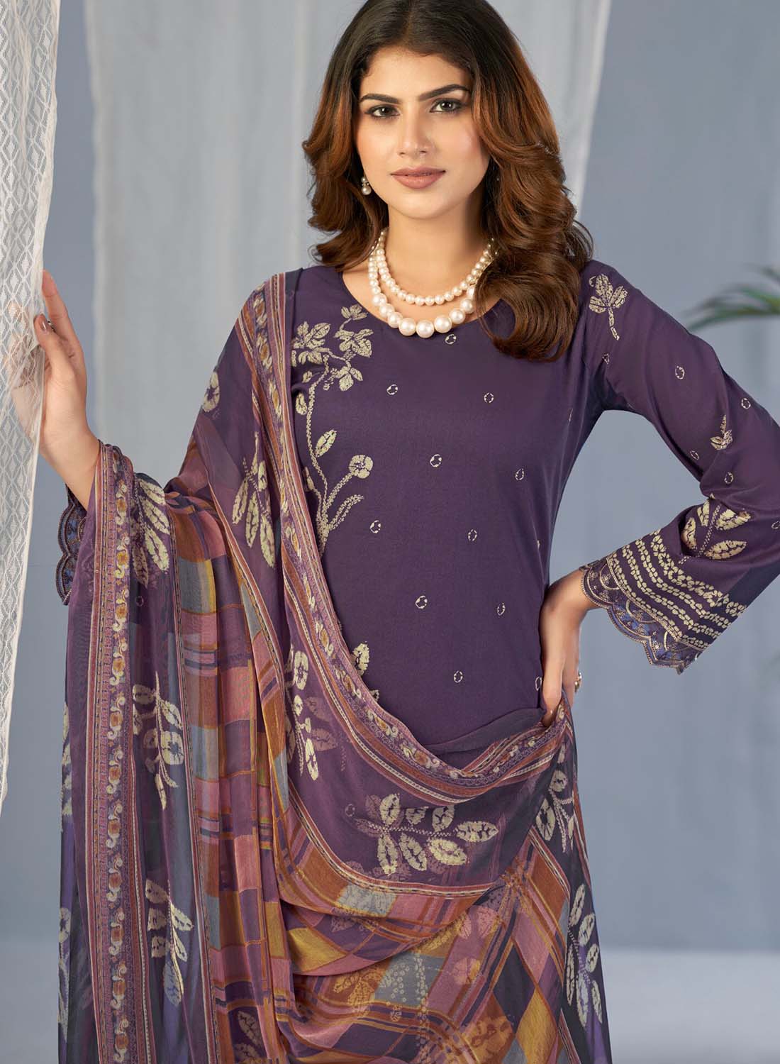 Purple Pakistani Print Unstitched Cotton Suit Material with Dupatta
