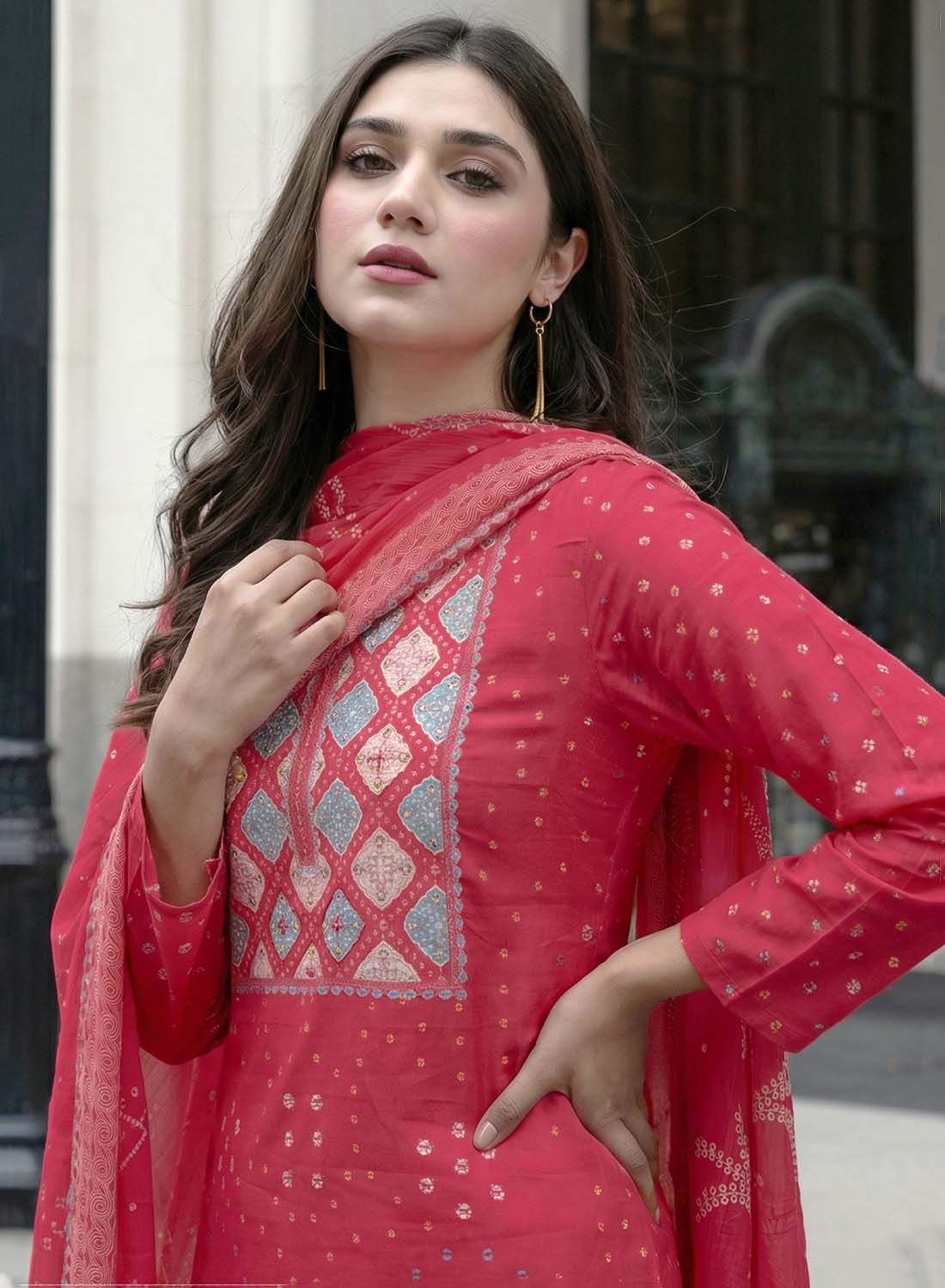Pure Cotton Lawn Printed Red Unstitched Salwar Suit with Dupatta