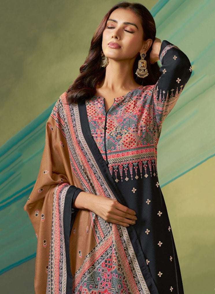 Black Unstitched Pashmina Winter Salwar Suit Set Material for Women