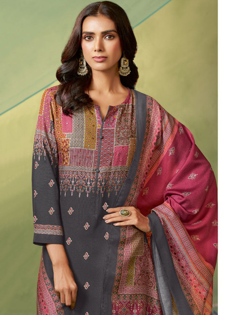 Grey Unstitched Pashmina Winter Salwar Suit Set Material for Women