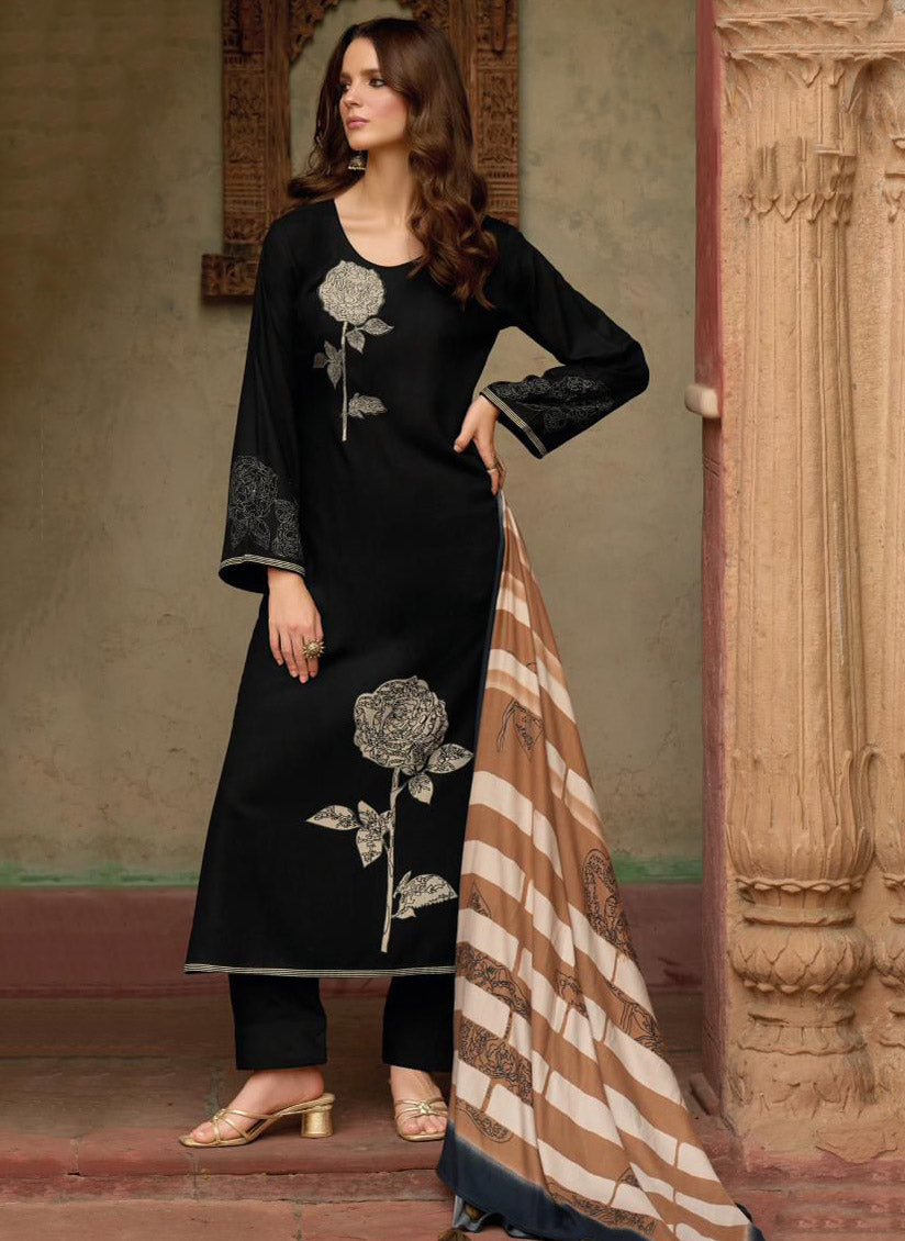 Black Unstitched Cotton Salwar Suit Dress Material with Muslin Dupatta