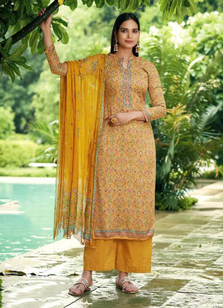 yellow colour cotton dress material Silk Embroidered Yellow Unstitched Dress Material With Dupatta Salwar Studio