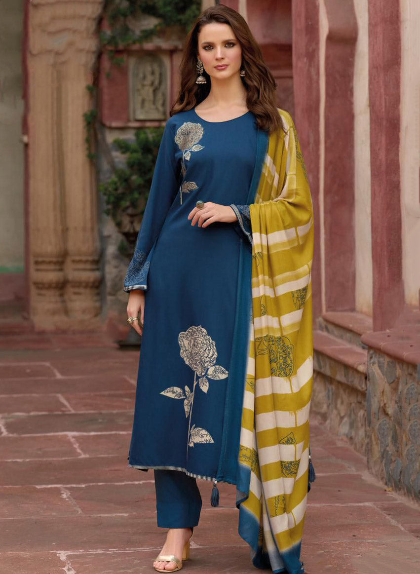 Blue Unstitched Cotton Salwar Suit Dress Material with Muslin Dupatta