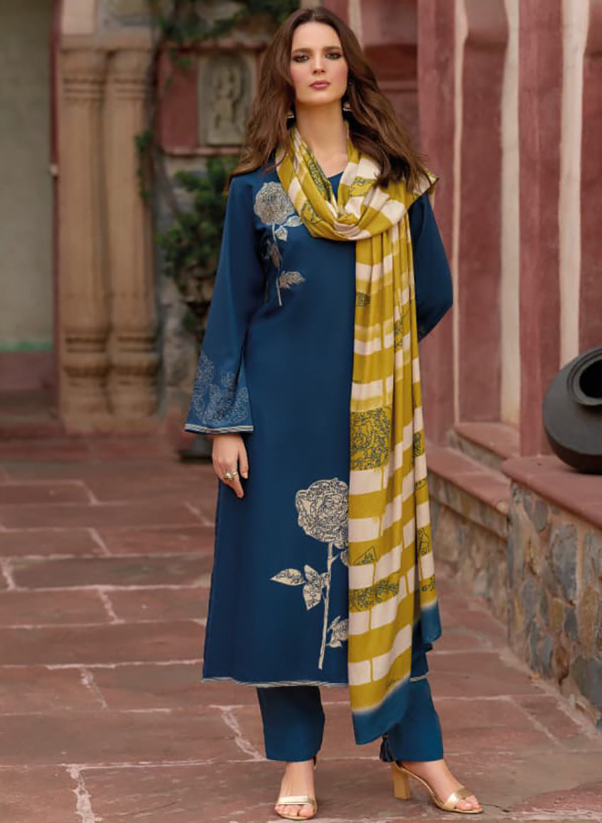 Blue Unstitched Cotton Salwar Suit Dress Material with Muslin Dupatta