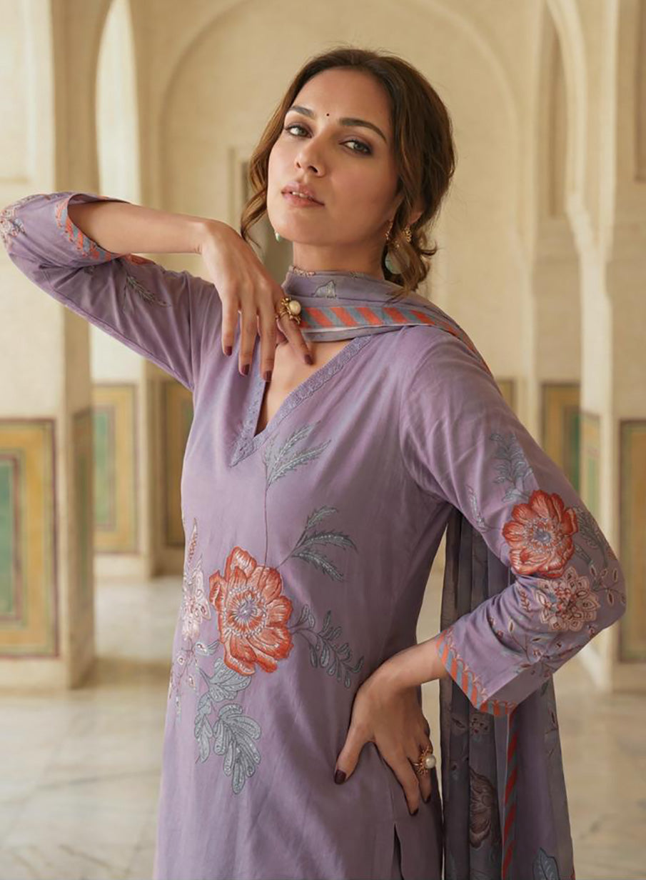 Pure Lawn Cotton Purple Unstitched Salwar Suit Dress Material for Women