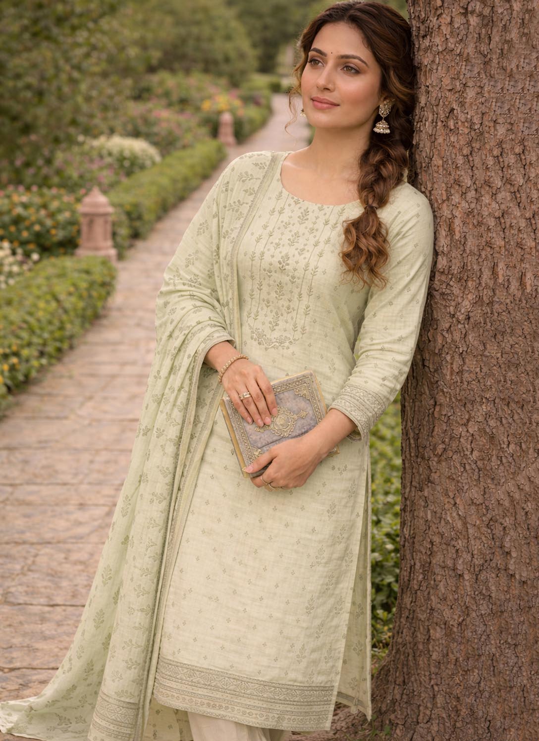 Light Green Daily Wear Pure Cotton Printed Unstitched Suit Material